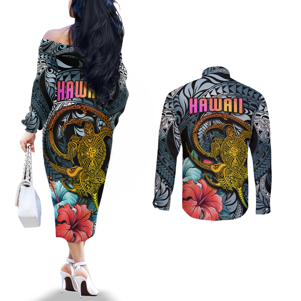 hawaii-turtle-couples-matching-off-the-shoulder-long-sleeve-dress-and-long-sleeve-button-shirts-hawaii-pattern-and-turtle-tattoo-dark-cyan-gradient