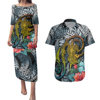 Hawaii Turtle Couples Matching Puletasi Dress and Hawaiian Shirt Hawaii Pattern and Turtle Tattoo Dark Cyan Gradient - Wonder Print Shop