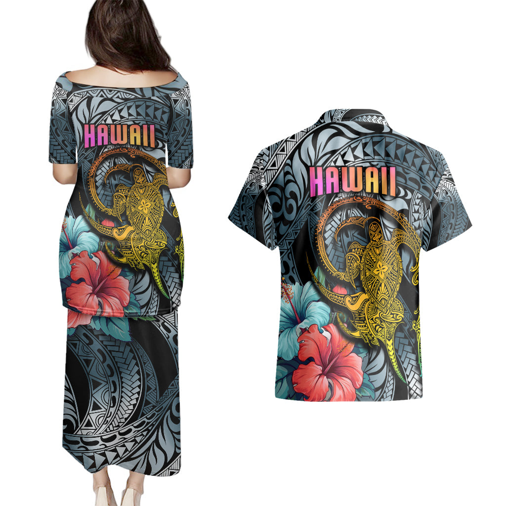 Hawaii Turtle Couples Matching Puletasi Dress and Hawaiian Shirt Hawaii Pattern and Turtle Tattoo Dark Cyan Gradient - Wonder Print Shop