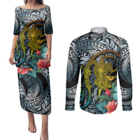 Hawaii Turtle Couples Matching Puletasi Dress and Long Sleeve Button Shirts Hawaii Pattern and Turtle Tattoo Dark Cyan Gradient - Wonder Print Shop