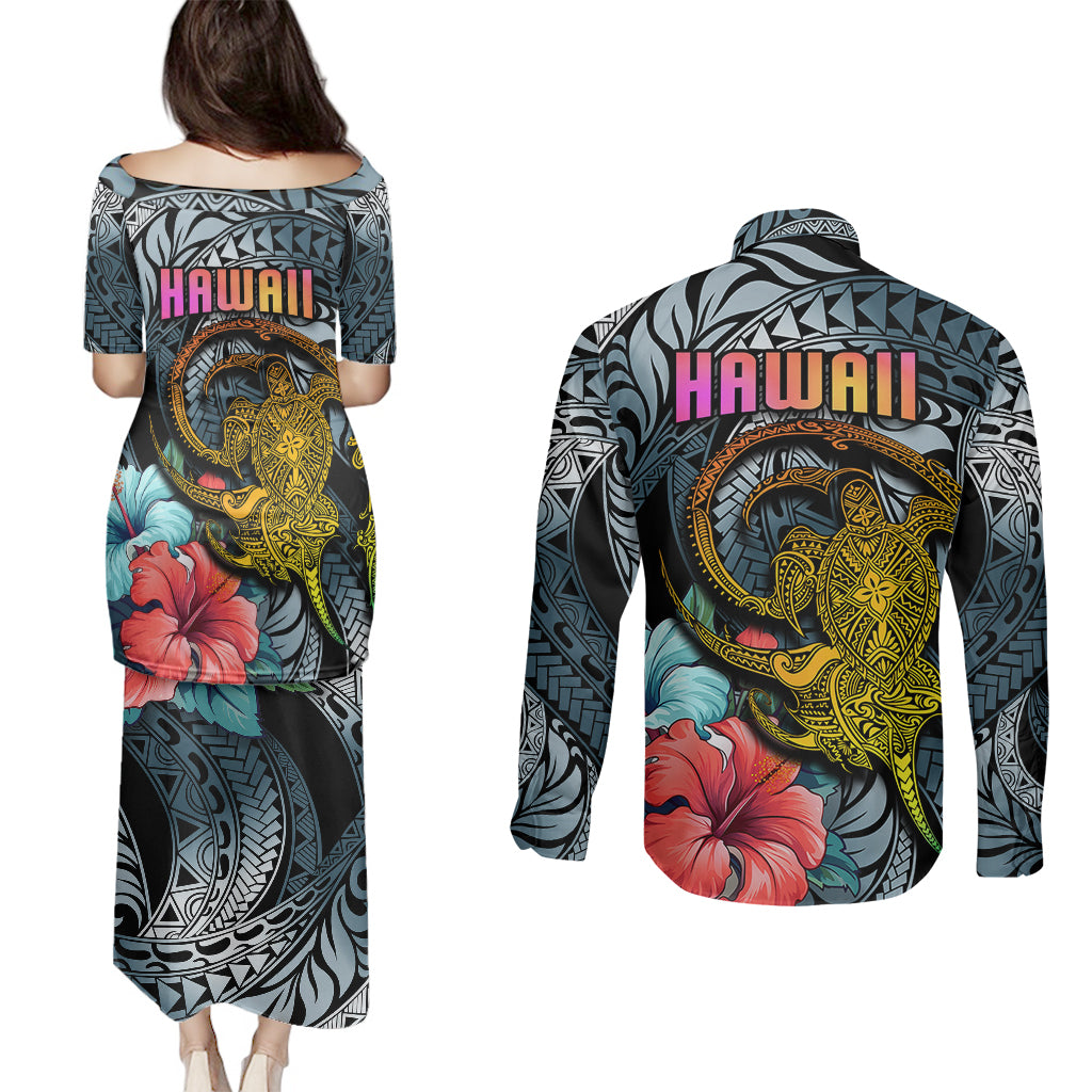Hawaii Turtle Couples Matching Puletasi Dress and Long Sleeve Button Shirts Hawaii Pattern and Turtle Tattoo Dark Cyan Gradient - Wonder Print Shop
