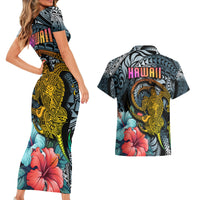 Hawaii Turtle Couples Matching Short Sleeve Bodycon Dress and Hawaiian Shirt Hawaii Pattern and Turtle Tattoo Dark Cyan Gradient - Wonder Print Shop