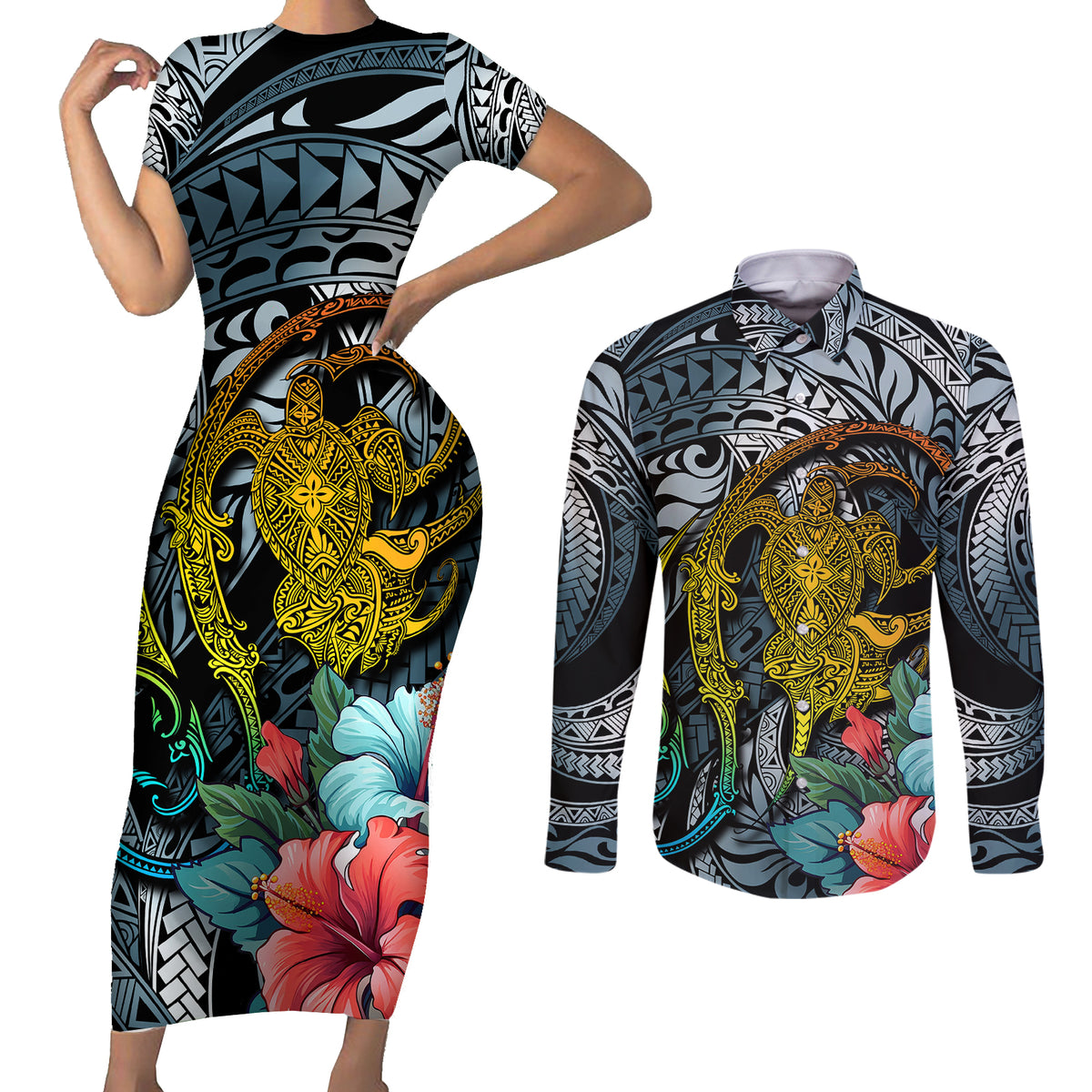 Hawaii Turtle Couples Matching Short Sleeve Bodycon Dress and Long Sleeve Button Shirts Hawaii Pattern and Turtle Tattoo Dark Cyan Gradient - Wonder Print Shop