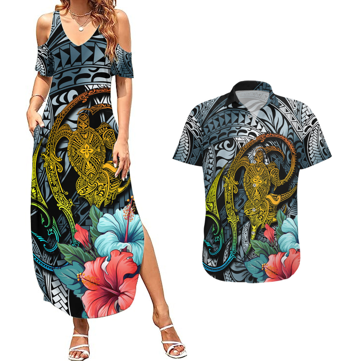 Hawaii Turtle Couples Matching Summer Maxi Dress and Hawaiian Shirt Hawaii Pattern and Turtle Tattoo Dark Cyan Gradient - Wonder Print Shop