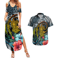 Hawaii Turtle Couples Matching Summer Maxi Dress and Hawaiian Shirt Hawaii Pattern and Turtle Tattoo Dark Cyan Gradient - Wonder Print Shop