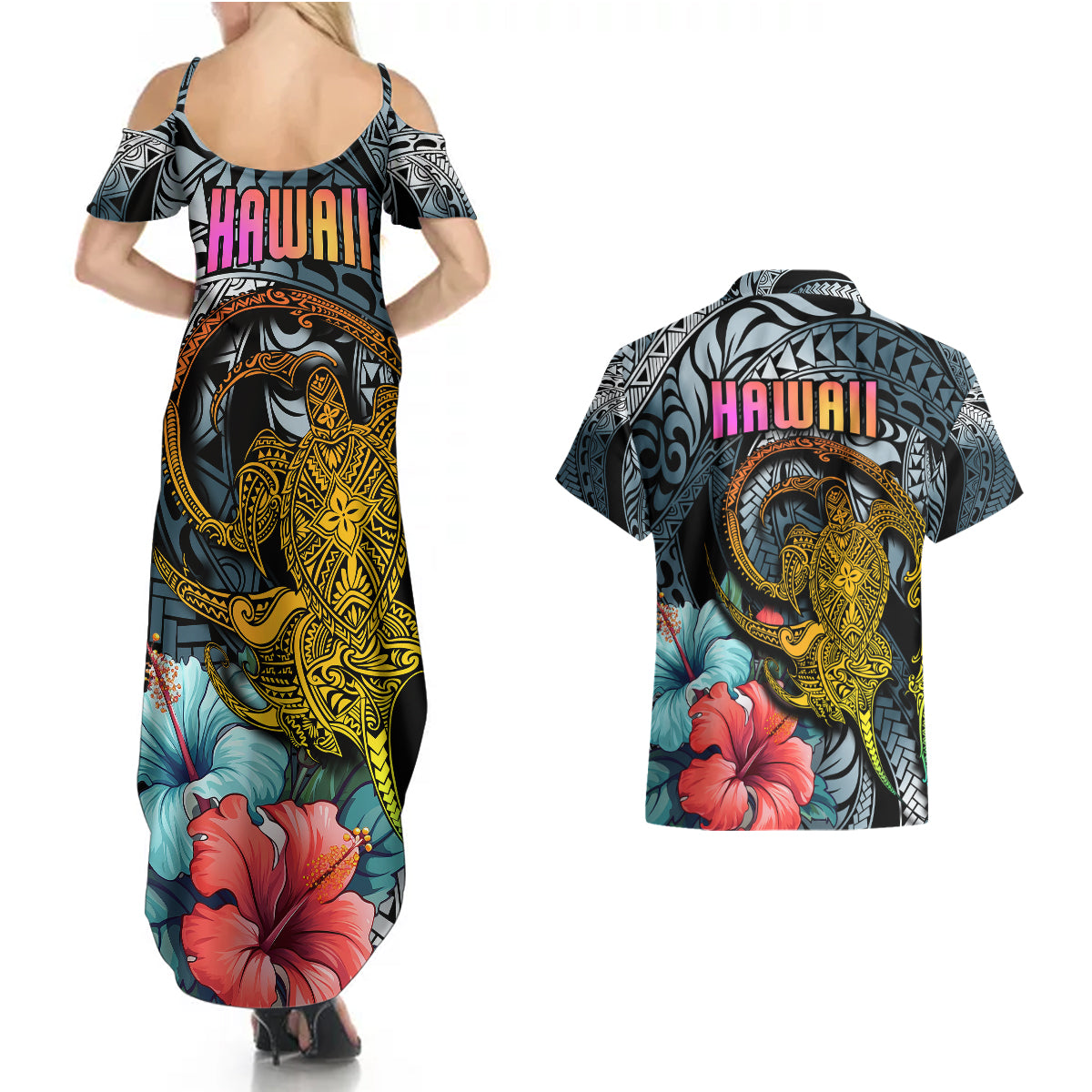 Hawaii Turtle Couples Matching Summer Maxi Dress and Hawaiian Shirt Hawaii Pattern and Turtle Tattoo Dark Cyan Gradient - Wonder Print Shop