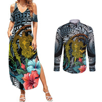 Hawaii Turtle Couples Matching Summer Maxi Dress and Long Sleeve Button Shirts Hawaii Pattern and Turtle Tattoo Dark Cyan Gradient - Wonder Print Shop