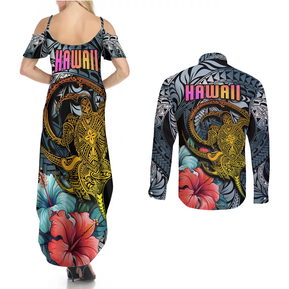Hawaii Turtle Couples Matching Summer Maxi Dress and Long Sleeve Button Shirts Hawaii Pattern and Turtle Tattoo Dark Cyan Gradient - Wonder Print Shop