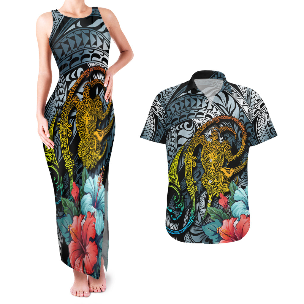 Hawaii Turtle Couples Matching Tank Maxi Dress and Hawaiian Shirt Hawaii Pattern and Turtle Tattoo Dark Cyan Gradient - Wonder Print Shop
