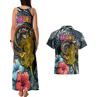 Hawaii Turtle Couples Matching Tank Maxi Dress and Hawaiian Shirt Hawaii Pattern and Turtle Tattoo Dark Cyan Gradient - Wonder Print Shop
