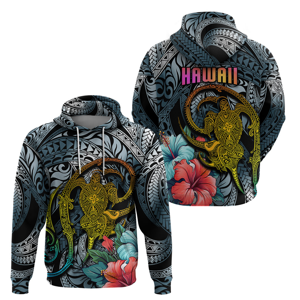 Hawaii Turtle Hoodie Hawaii Pattern and Turtle Tattoo Dark Cyan Gradient - Wonder Print Shop