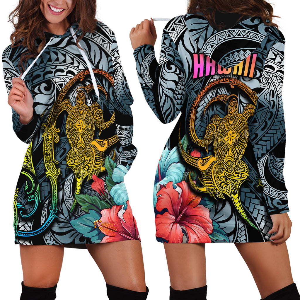 Hawaii Turtle Hoodie Dress Hawaii Pattern and Turtle Tattoo Dark Cyan Gradient - Wonder Print Shop