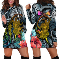 Hawaii Turtle Hoodie Dress Hawaii Pattern and Turtle Tattoo Dark Cyan Gradient - Wonder Print Shop