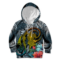 Hawaii Turtle Kid Hoodie Hawaii Pattern and Turtle Tattoo Dark Cyan Gradient - Wonder Print Shop