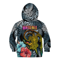 Hawaii Turtle Kid Hoodie Hawaii Pattern and Turtle Tattoo Dark Cyan Gradient - Wonder Print Shop