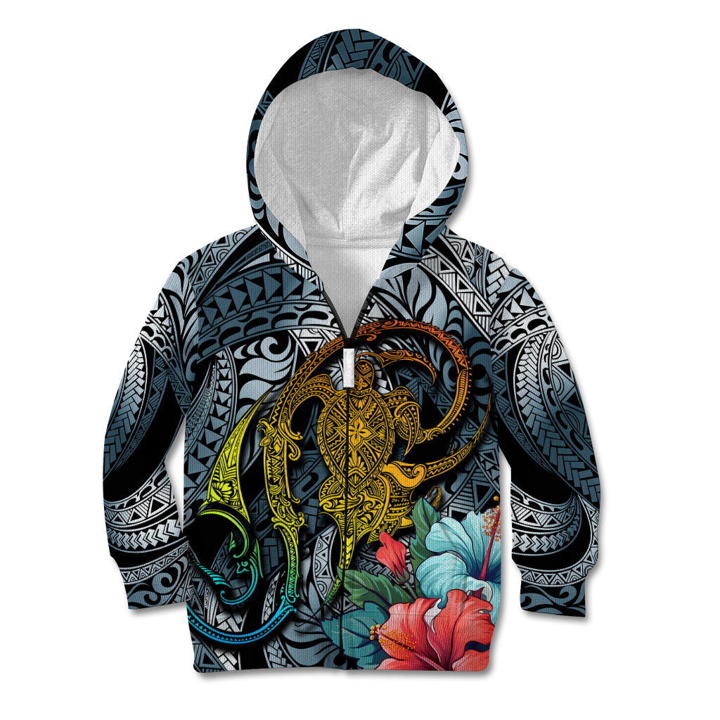 Hawaii Turtle Kid Hoodie Hawaii Pattern and Turtle Tattoo Dark Cyan Gradient - Wonder Print Shop