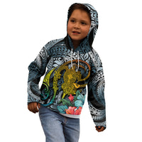 Hawaii Turtle Kid Hoodie Hawaii Pattern and Turtle Tattoo Dark Cyan Gradient - Wonder Print Shop