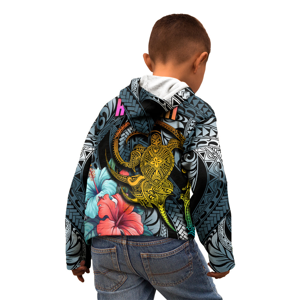 Hawaii Turtle Kid Hoodie Hawaii Pattern and Turtle Tattoo Dark Cyan Gradient - Wonder Print Shop