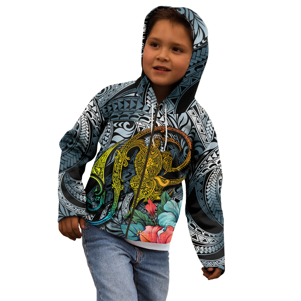 Hawaii Turtle Kid Hoodie Hawaii Pattern and Turtle Tattoo Dark Cyan Gradient - Wonder Print Shop