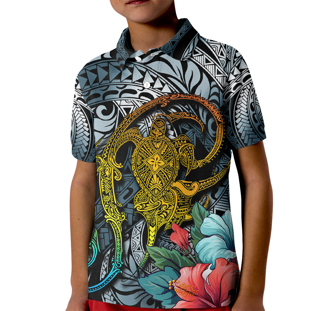 Hawaii Turtle Kid Polo Shirt Hawaii Pattern and Turtle Tattoo Dark Cyan Gradient - Wonder Print Shop