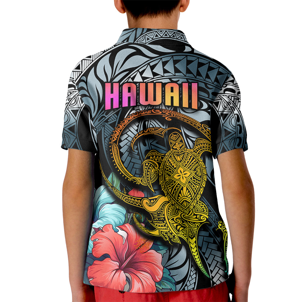 Hawaii Turtle Kid Polo Shirt Hawaii Pattern and Turtle Tattoo Dark Cyan Gradient - Wonder Print Shop