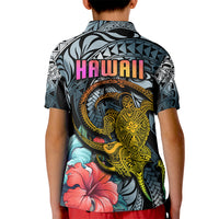 Hawaii Turtle Kid Polo Shirt Hawaii Pattern and Turtle Tattoo Dark Cyan Gradient - Wonder Print Shop