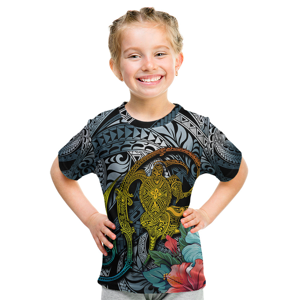 Hawaii Turtle Kid T Shirt Hawaii Pattern and Turtle Tattoo Dark Cyan Gradient - Wonder Print Shop