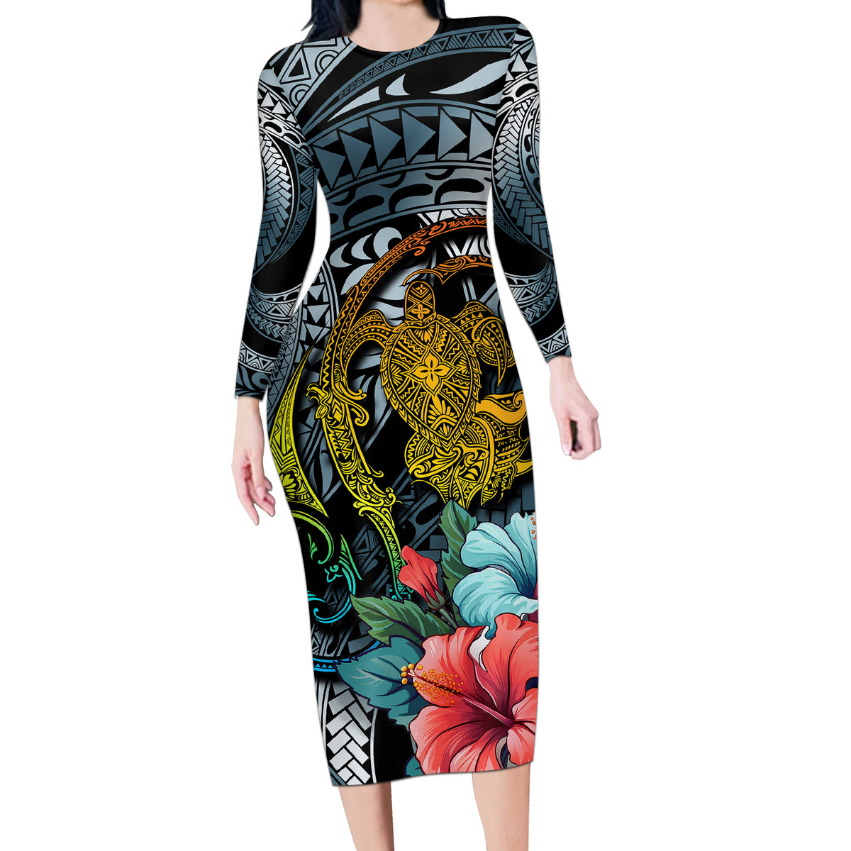 Hawaii Turtle Long Sleeve Bodycon Dress Hawaii Pattern and Turtle Tattoo Dark Cyan Gradient - Wonder Print Shop