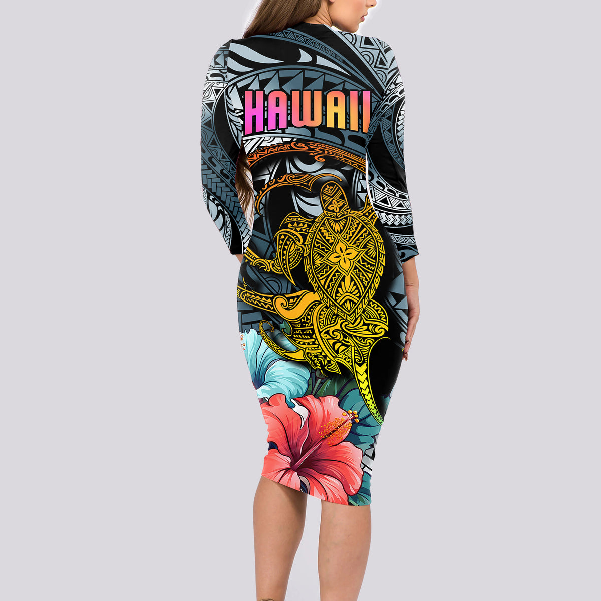Hawaii Turtle Long Sleeve Bodycon Dress Hawaii Pattern and Turtle Tattoo Dark Cyan Gradient - Wonder Print Shop