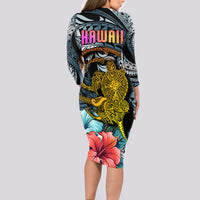 Hawaii Turtle Long Sleeve Bodycon Dress Hawaii Pattern and Turtle Tattoo Dark Cyan Gradient - Wonder Print Shop