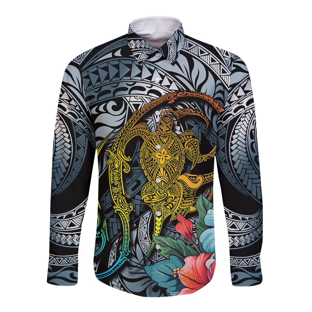 Hawaii Turtle Long Sleeve Button Shirt Hawaii Pattern and Turtle Tattoo Dark Cyan Gradient - Wonder Print Shop