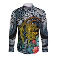 Hawaii Turtle Long Sleeve Button Shirt Hawaii Pattern and Turtle Tattoo Dark Cyan Gradient - Wonder Print Shop