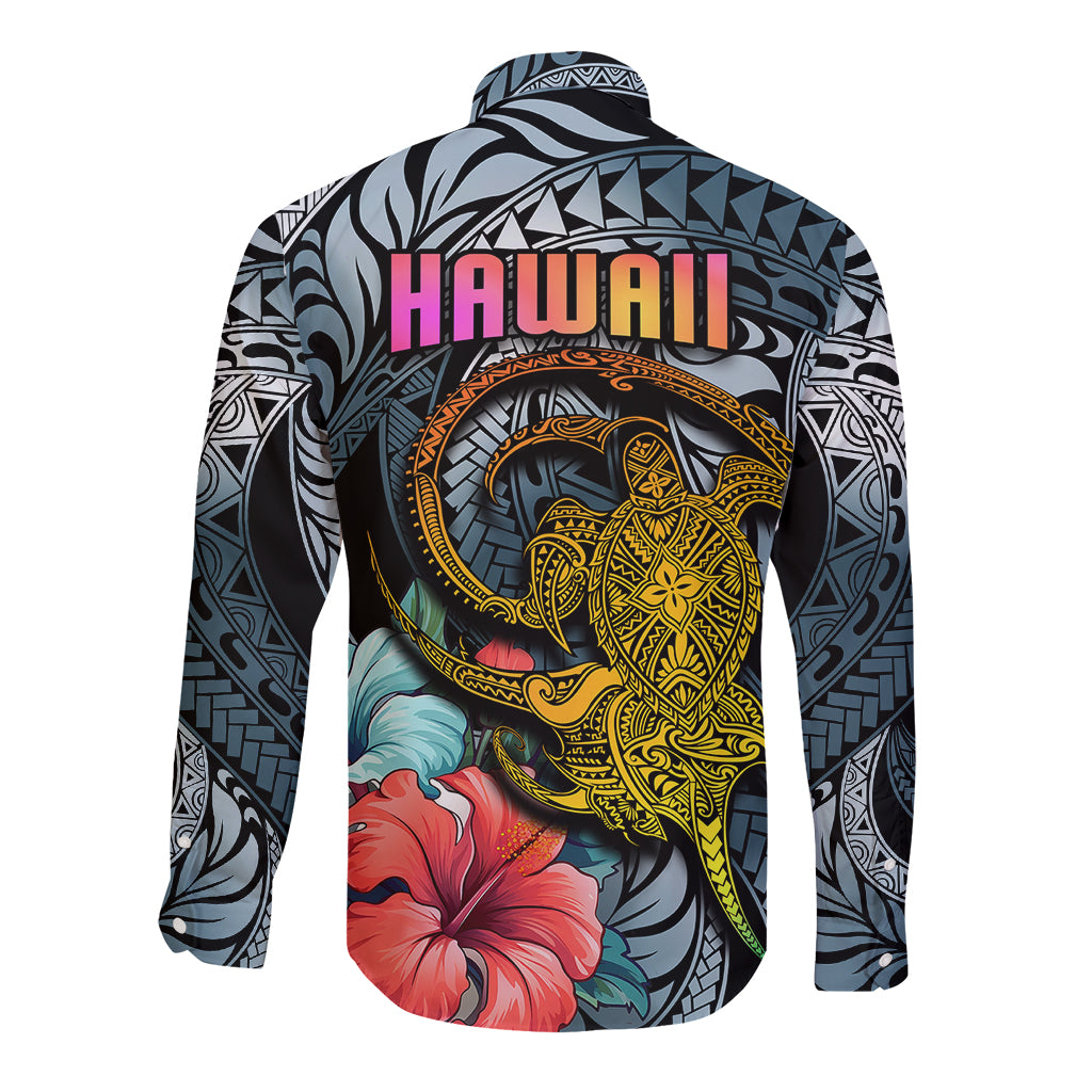 Hawaii Turtle Long Sleeve Button Shirt Hawaii Pattern and Turtle Tattoo Dark Cyan Gradient - Wonder Print Shop