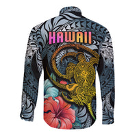 Hawaii Turtle Long Sleeve Button Shirt Hawaii Pattern and Turtle Tattoo Dark Cyan Gradient - Wonder Print Shop