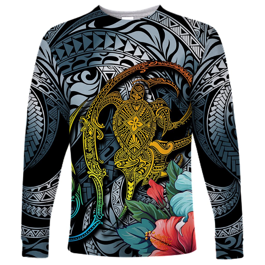 Hawaii Turtle Long Sleeve Shirt Hawaii Pattern and Turtle Tattoo Dark Cyan Gradient - Wonder Print Shop