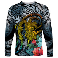 Hawaii Turtle Long Sleeve Shirt Hawaii Pattern and Turtle Tattoo Dark Cyan Gradient - Wonder Print Shop