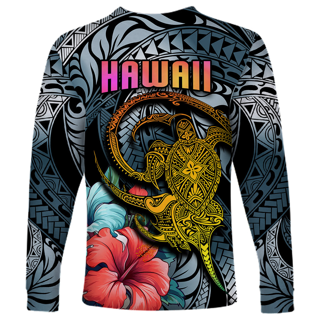 Hawaii Turtle Long Sleeve Shirt Hawaii Pattern and Turtle Tattoo Dark Cyan Gradient - Wonder Print Shop