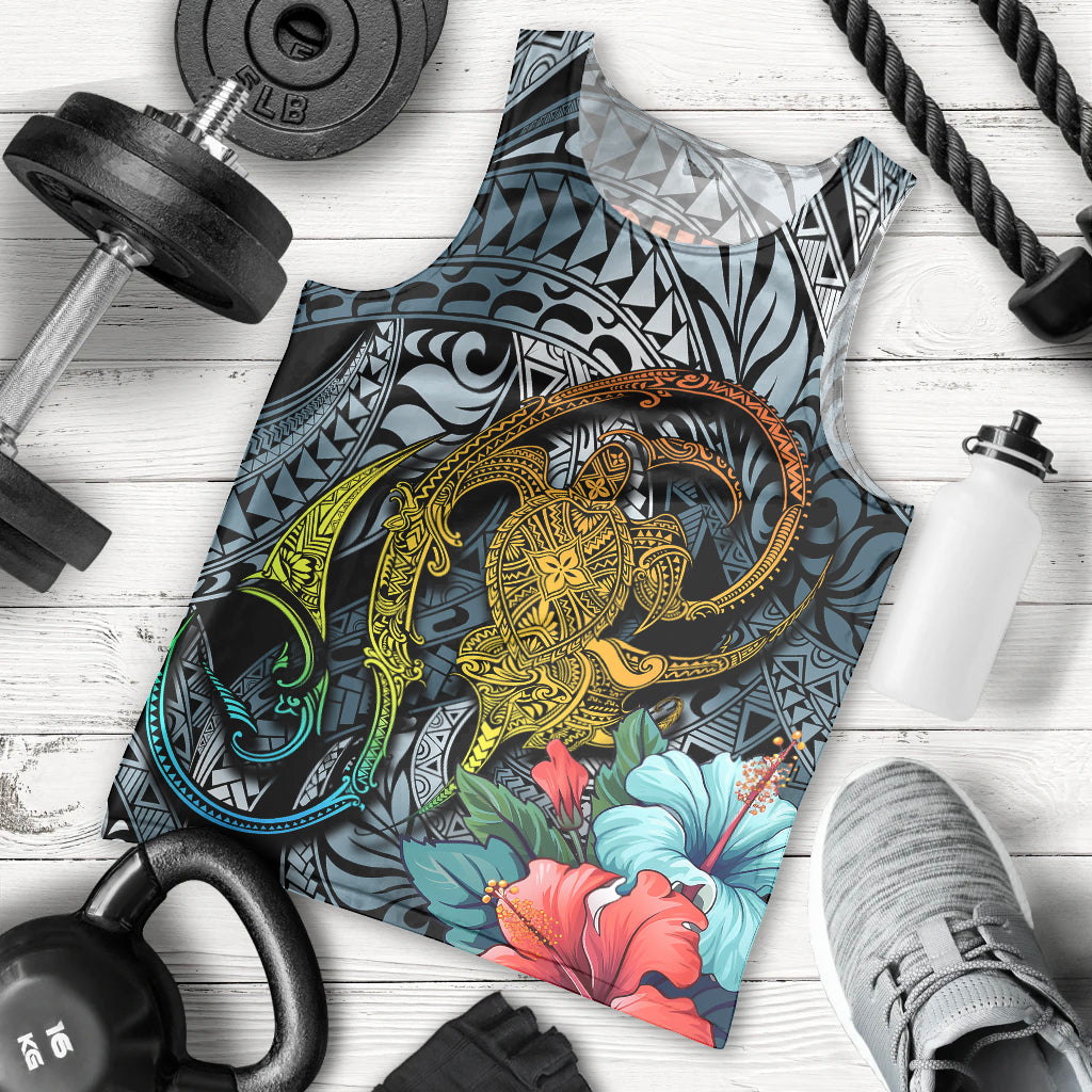 Men’s dark cyan tank top with large gold turtle tattoo graphic and hibiscus flowers