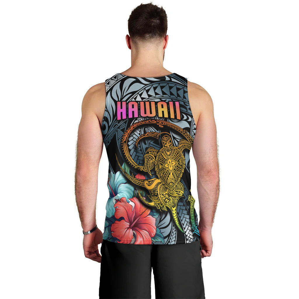 Men’s dark cyan tank top back view with “HAWAII” text, gold turtle tattoo and flowers