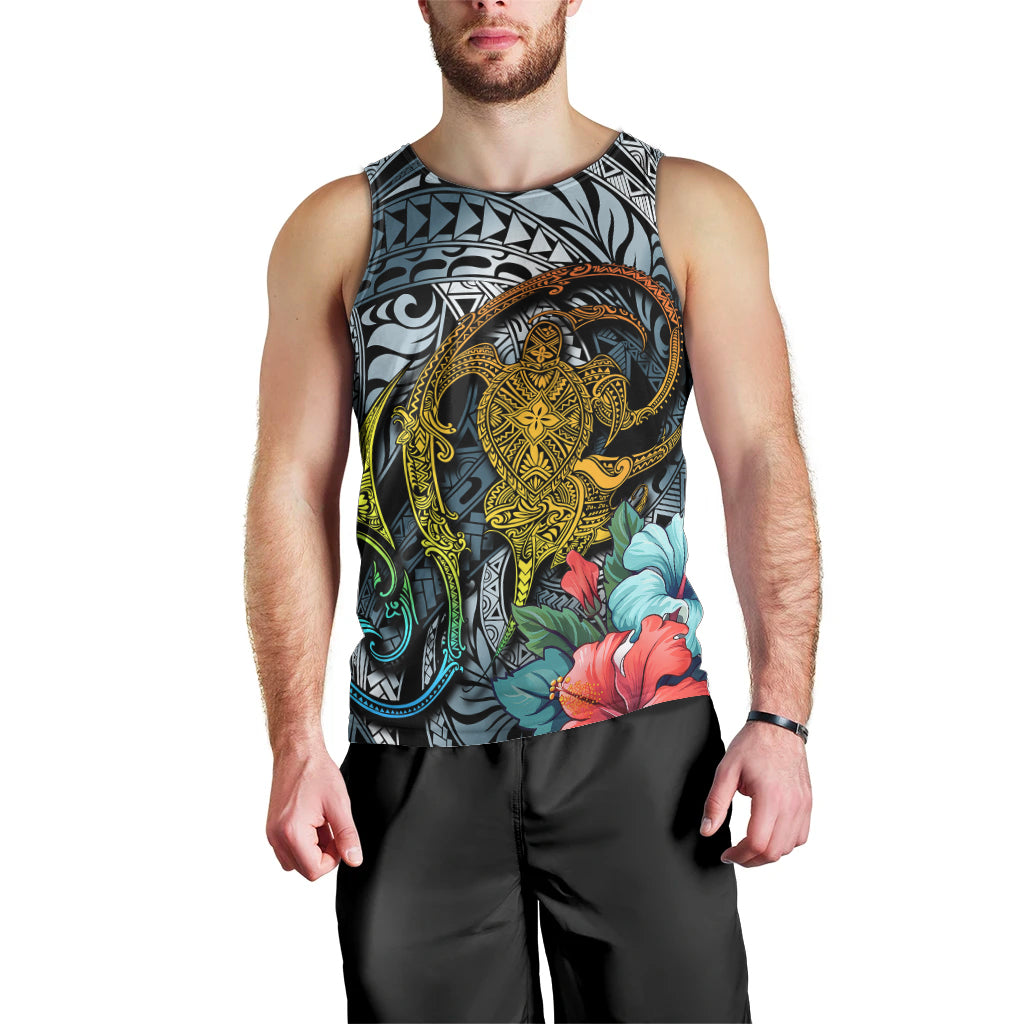 Men’s dark cyan sleeveless tank with ornate gold turtle tattoo and teal/red hibiscus