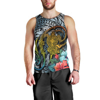 Men’s dark cyan sleeveless tank with ornate gold turtle tattoo and teal/red hibiscus