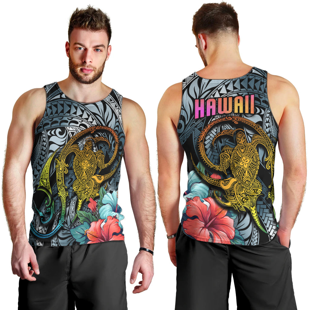Men’s dark cyan tank top front and back: gold turtle tattoo with “HAWAII” on back