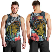 Men’s dark cyan tank top front and back: gold turtle tattoo with “HAWAII” on back