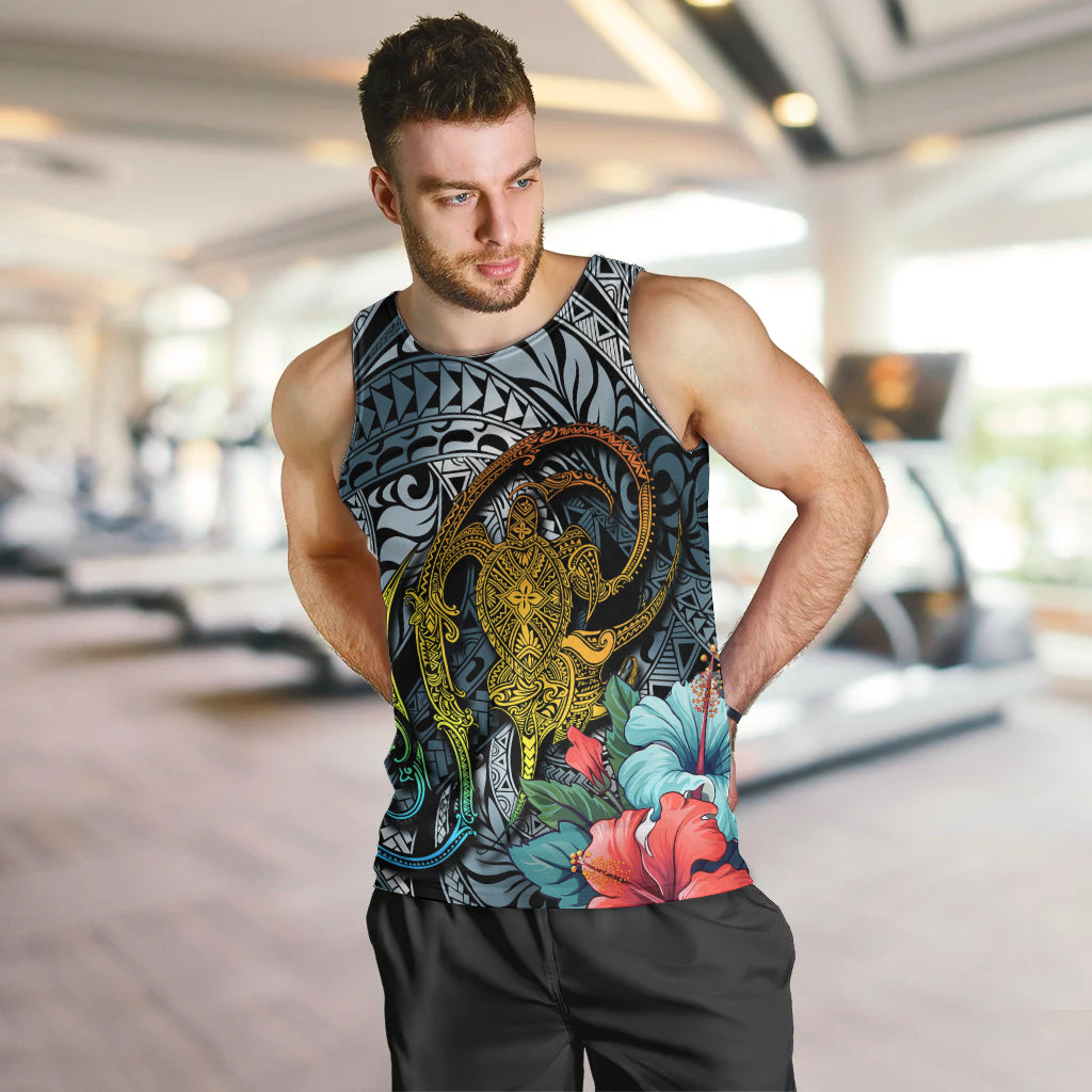 Men’s dark cyan gradient tank top with gold turtle tattoo, hibiscus flowers, geometric patterns
