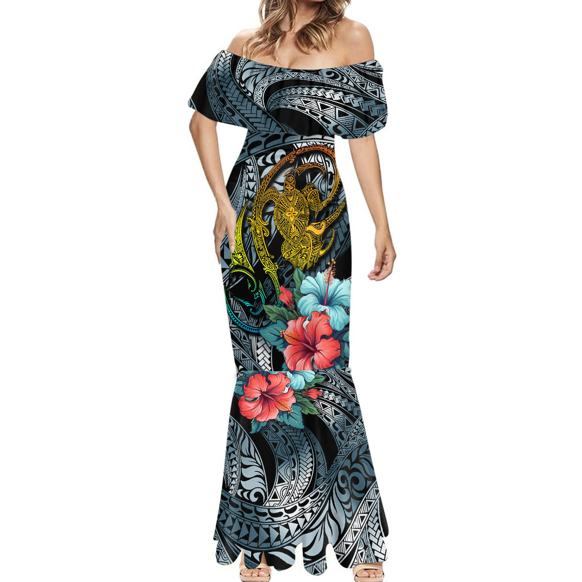 Hawaii Turtle Mermaid Dress Hawaii Pattern and Turtle Tattoo Dark Cyan Gradient - Wonder Print Shop