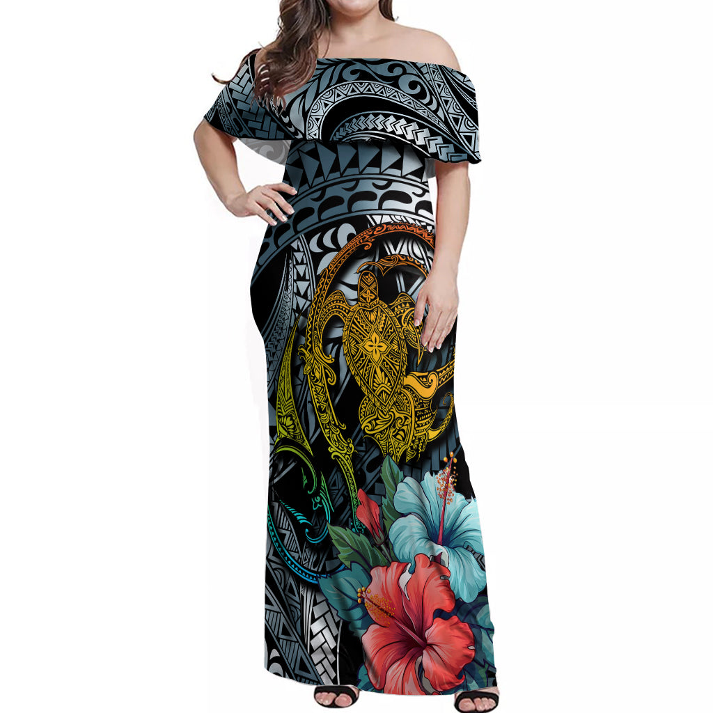 Hawaii Turtle Off Shoulder Maxi Dress Hawaii Pattern and Turtle Tattoo Dark Cyan Gradient - Wonder Print Shop