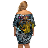Hawaii Turtle Off Shoulder Short Dress Hawaii Pattern and Turtle Tattoo Dark Cyan Gradient - Wonder Print Shop