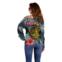 Hawaii Turtle Off Shoulder Sweater Hawaii Pattern and Turtle Tattoo Dark Cyan Gradient - Wonder Print Shop