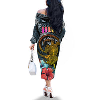 Hawaii Turtle Off The Shoulder Long Sleeve Dress Hawaii Pattern and Turtle Tattoo Dark Cyan Gradient - Wonder Print Shop