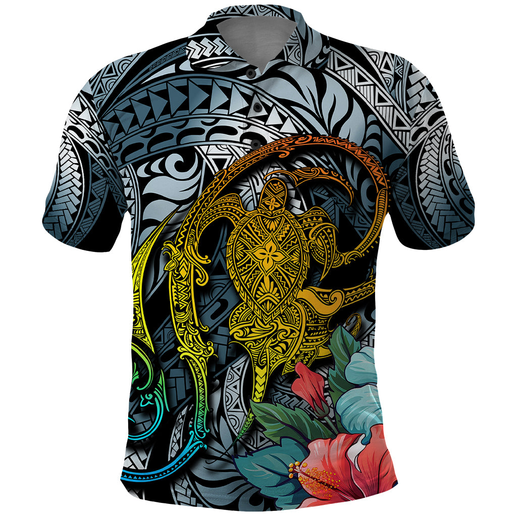 Hawaii Turtle Polo Shirt Hawaii Pattern and Turtle Tattoo Dark Cyan Gradient - Wonder Print Shop